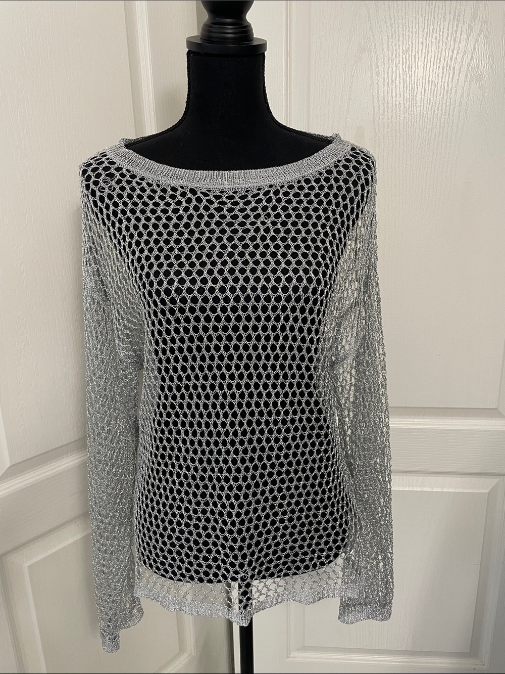 ZARA silver metallic mesh top sweater bell sleeves M beach evening festival